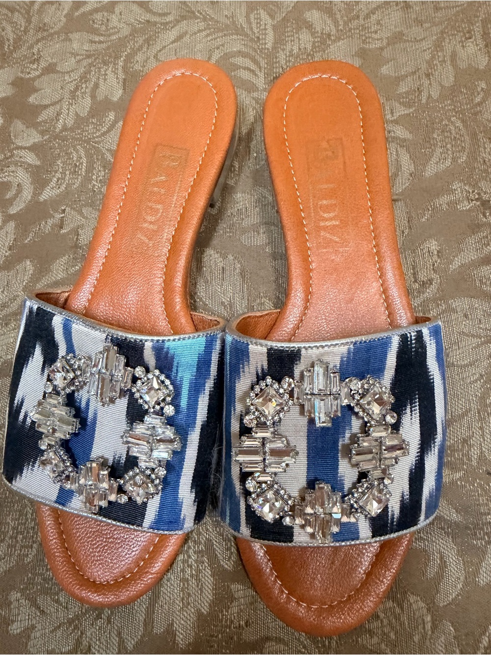 Dizzy Blue Ikat Slide Sandals with Crystal Wreath Embellishment